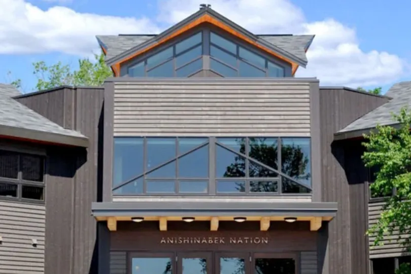 Front entrance of Anishinabek Nation building with AEI logo