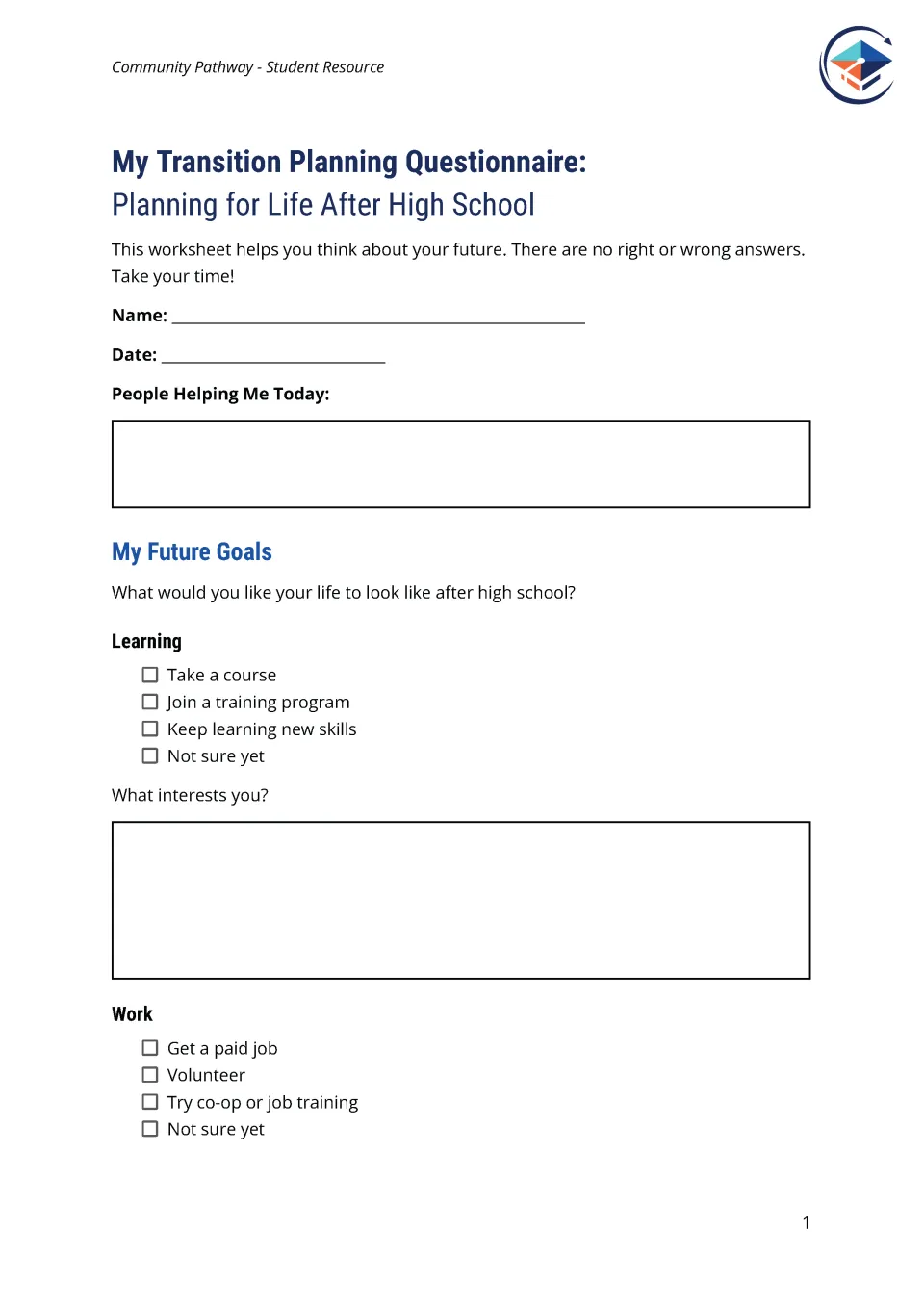 Preview of the first page of the "My Transition Planning Questionnaire"