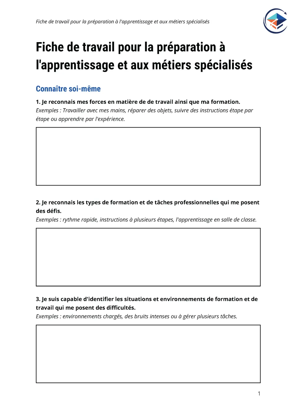 Première page de la fiche de travail pour la préparation à l'apprentissage et aux métiers spécialisés
