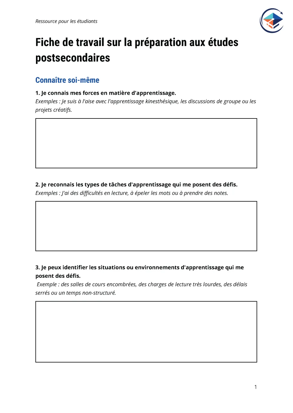 Première page de la fiche de travail sur la préparation aux études postsecondaires