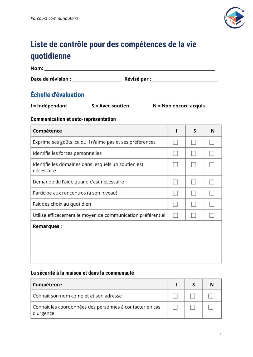 Première page de la liste de contrôle pour des compétences de la vie quotidienne 