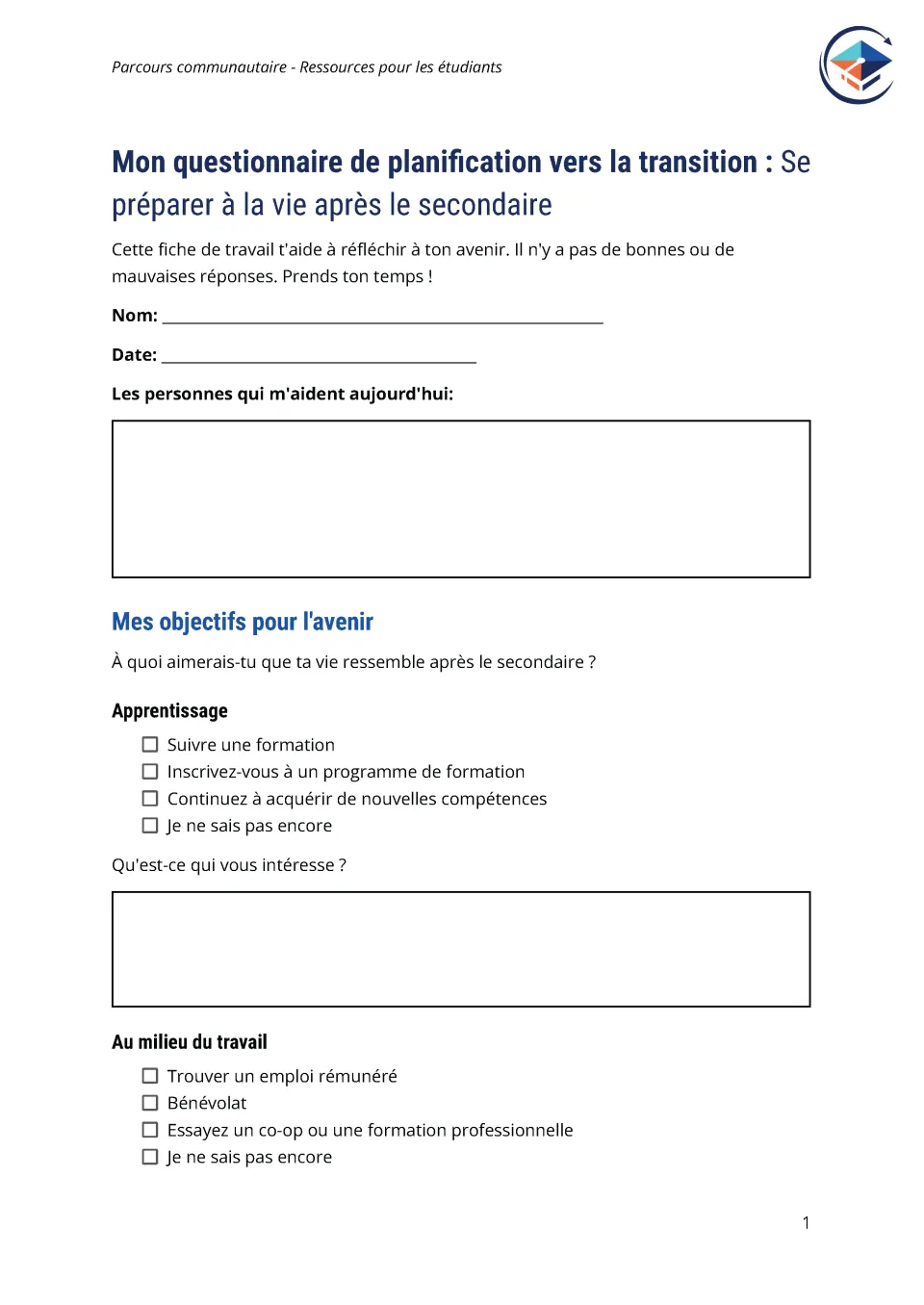 Première page du mon questionnaire de planification vers la transition