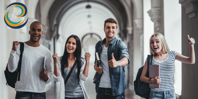 Group of four students on a post-secondary campus smiling. The EYES-ON-PSE logo is visible in the corner of the image. 